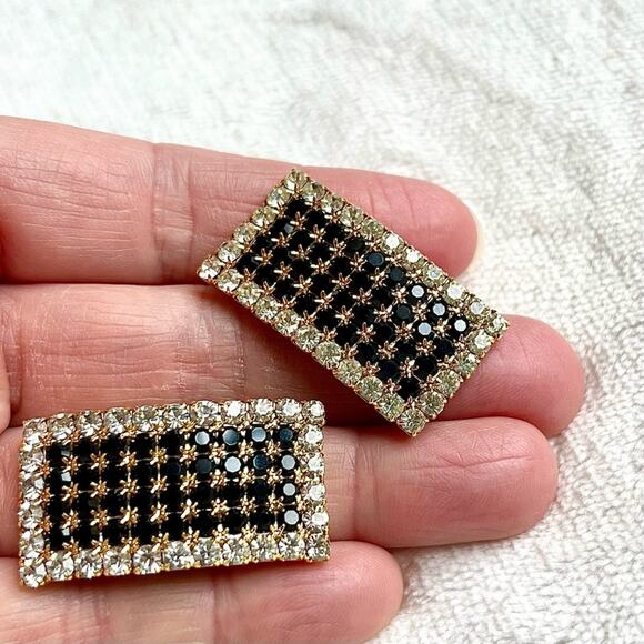 Vintage Bluette Made in France Rhinestone & Onyx Rectangle Gold Tone Shoe Clips - Picture 1 of 3